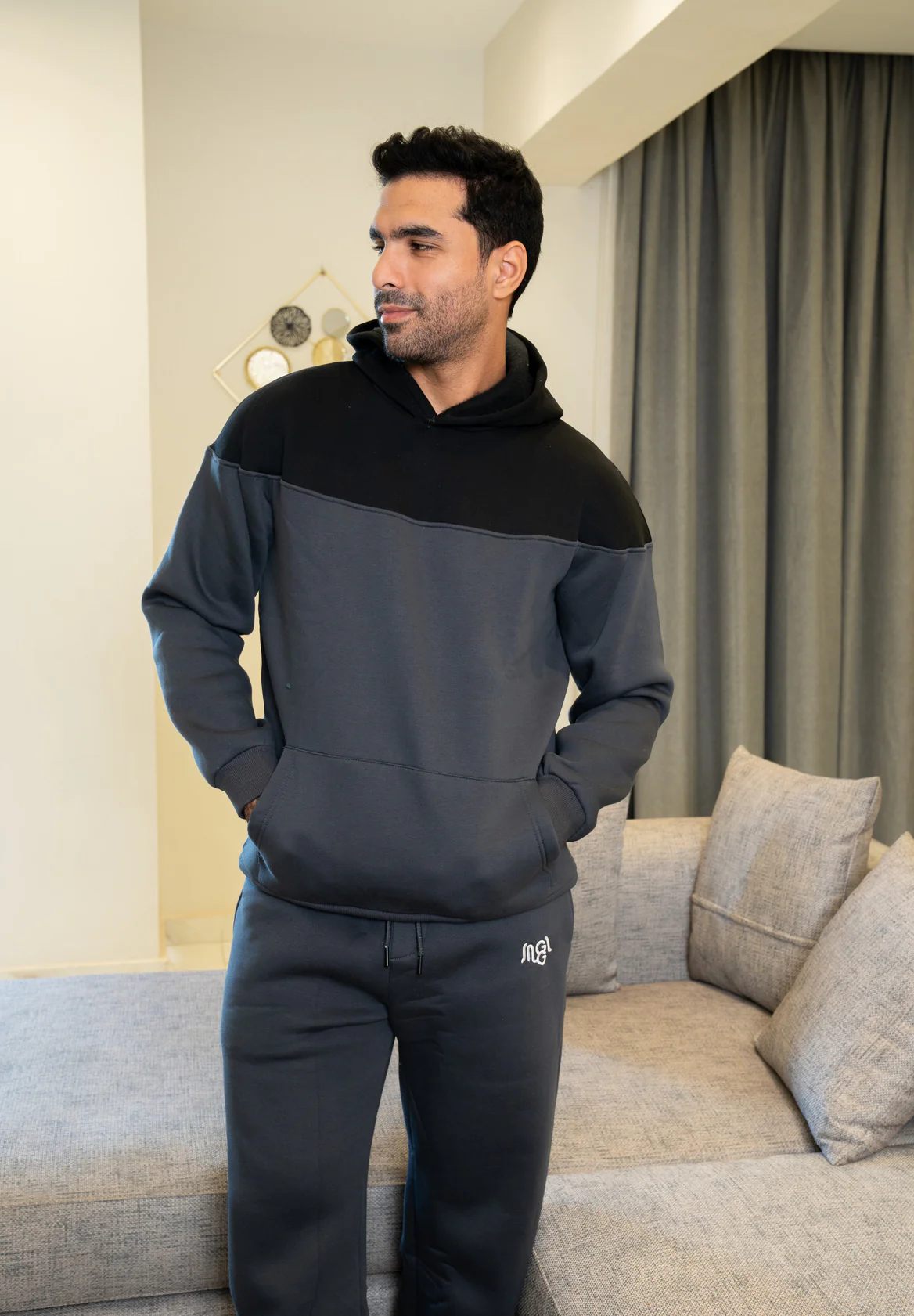 Men Winter Pajama Set Dark Grey X Black Hoodie + Dark Grey Pants - Image 3