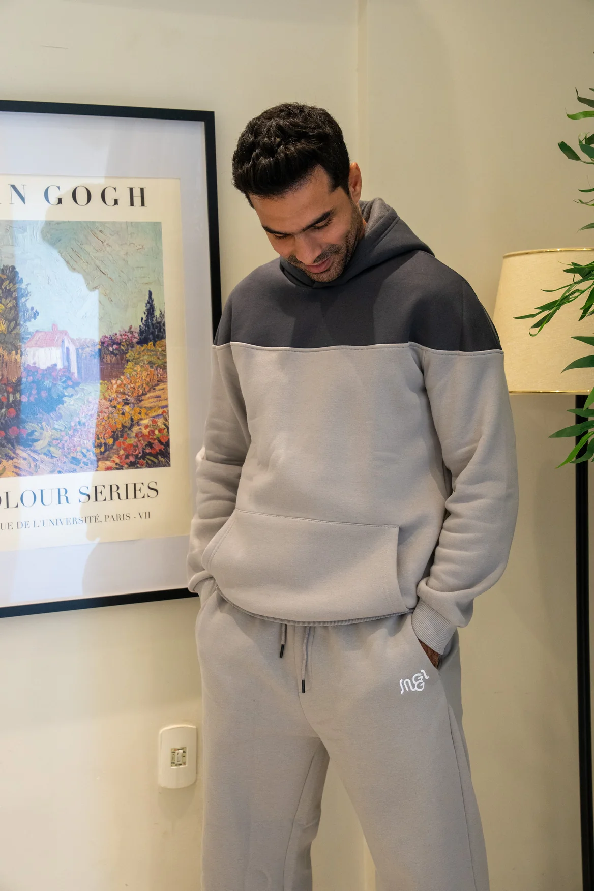 Men Winter Pajama Set Dark Grey X Light Grey Hoodie + Light Grey Pants - Image 2