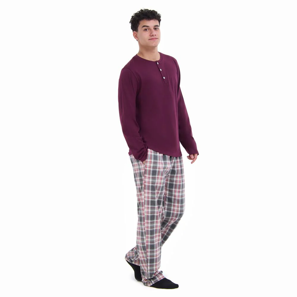 Men Fall Pajama Set Dark Red Buttoned Sweatshirt + Dark red x Grey checkered Pants - Image 2