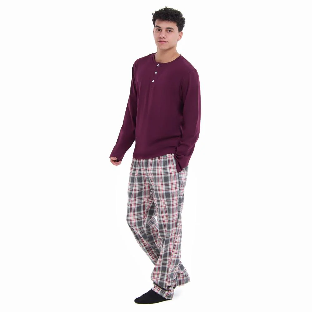 Men Fall Pajama Set Dark Red Buttoned Sweatshirt + Dark red x Grey checkered Pants - Image 3
