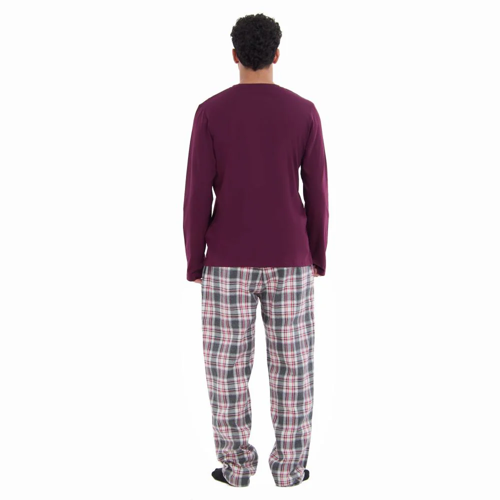 Men Fall Pajama Set Dark Red Buttoned Sweatshirt + Dark red x Grey checkered Pants - Image 4