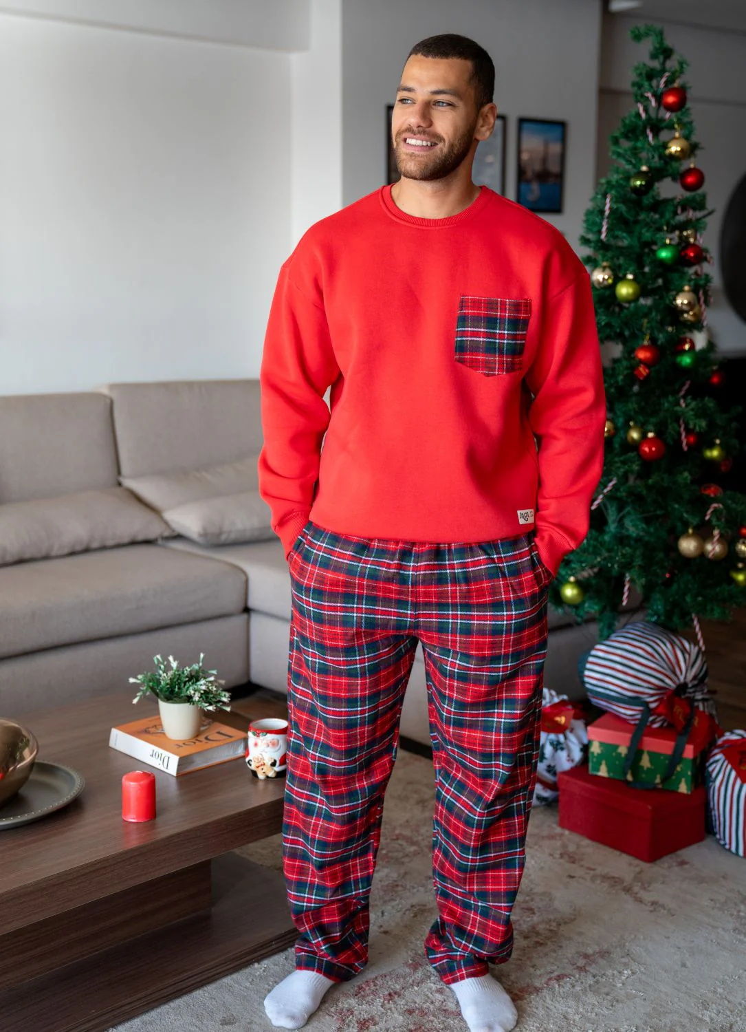 Men Winter Pajama Set Dark Red Top + Red X Green Plaid Pants