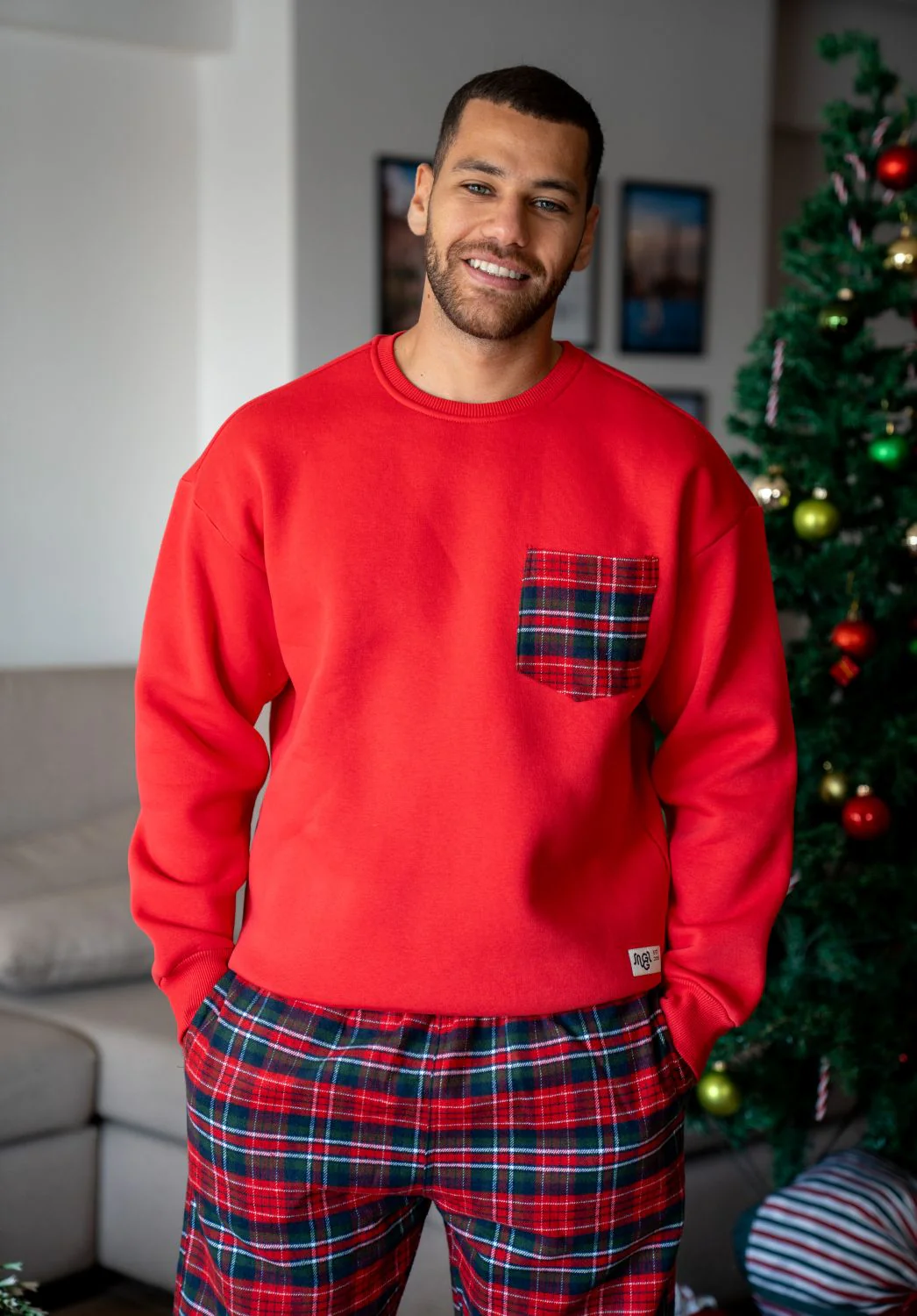Men Winter Pajama Set Dark Red Top + Red X Green Plaid Pants - Image 2