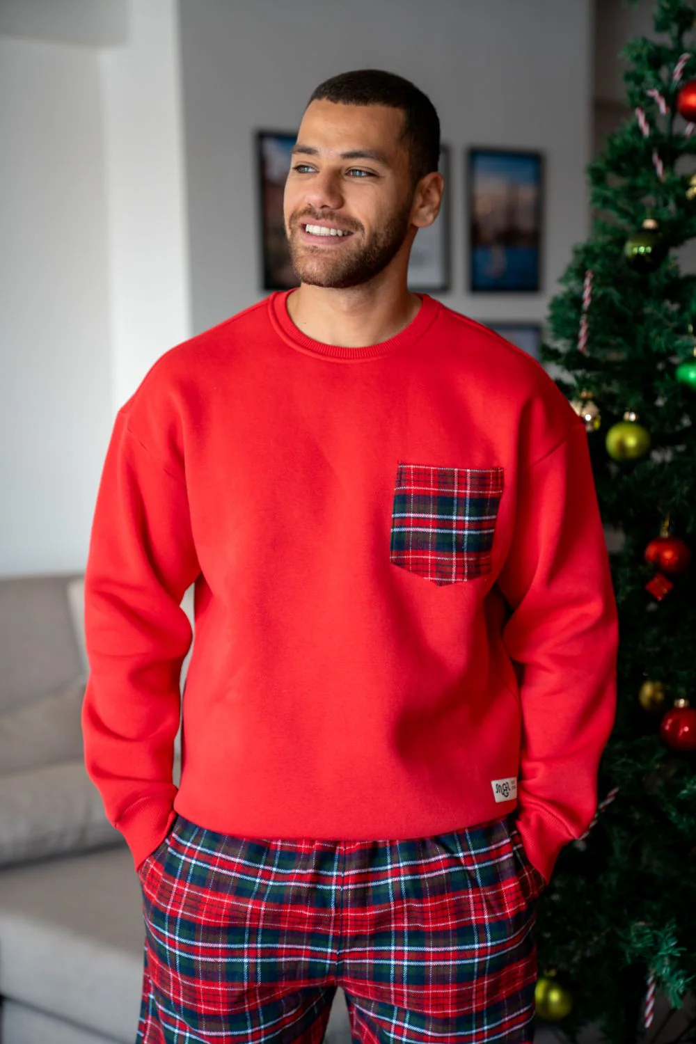 Men Winter Pajama Set Dark Red Top + Red X Green Plaid Pants - Image 3