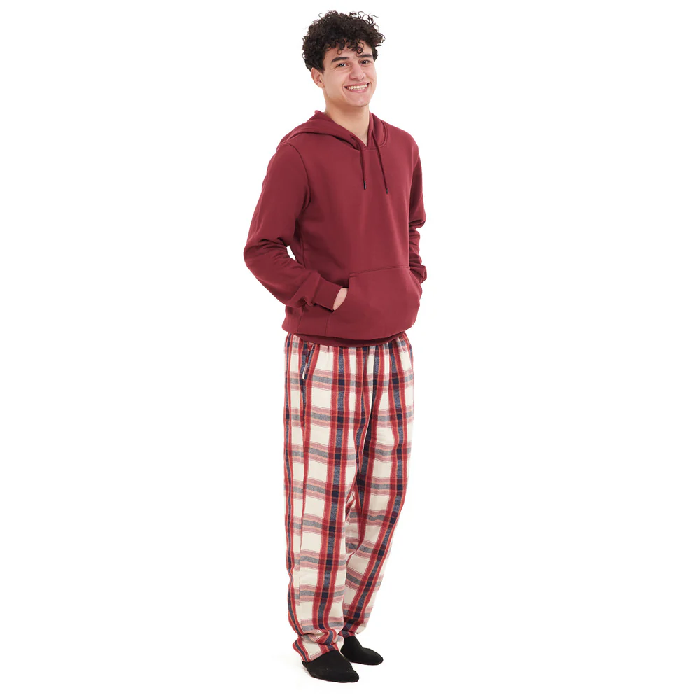 Men Winter Pajama Set Dark Red Hoodie + Dark Red x White Checkered Pants