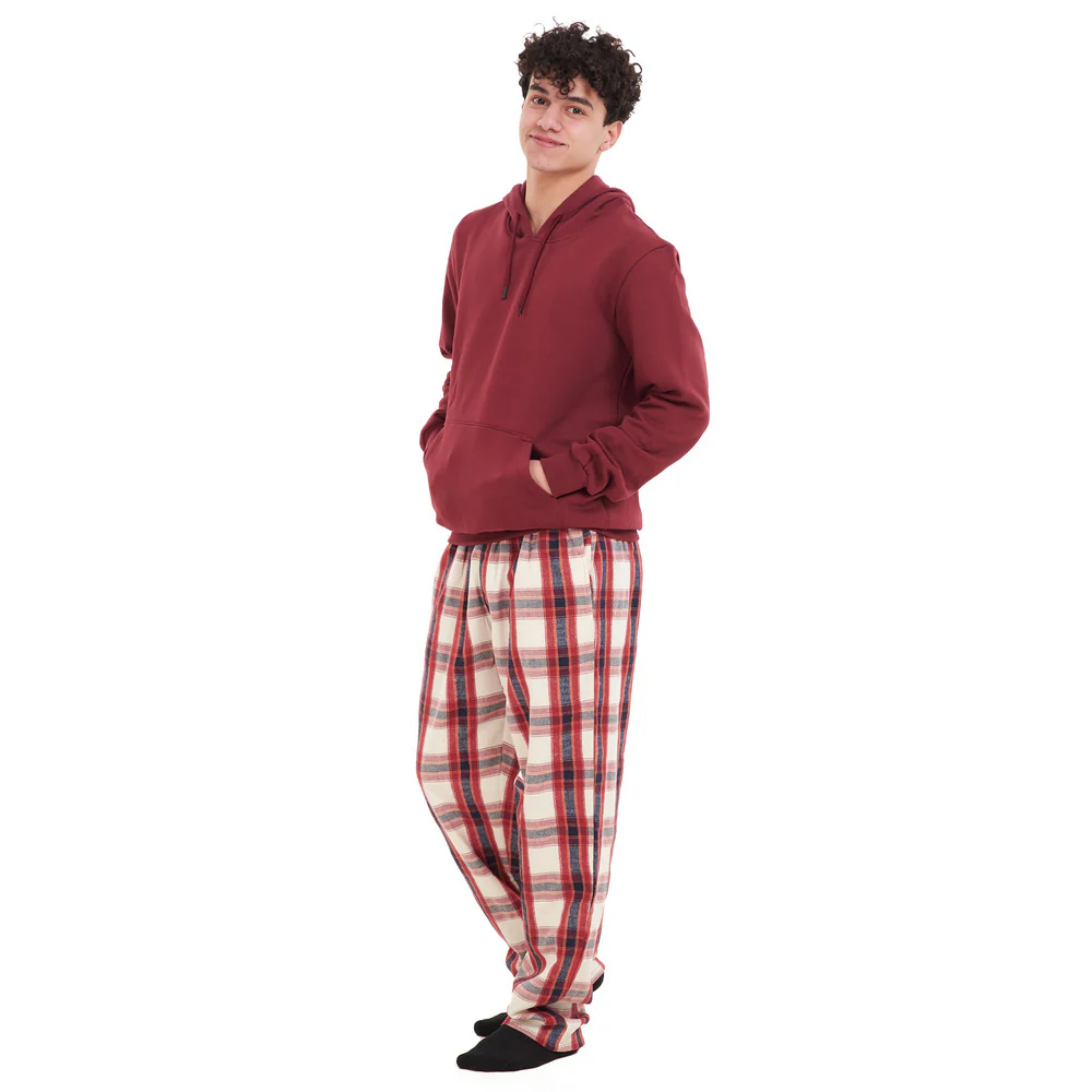 Men Winter Pajama Set Dark Red Hoodie + Dark Red x White Checkered Pants - Image 2