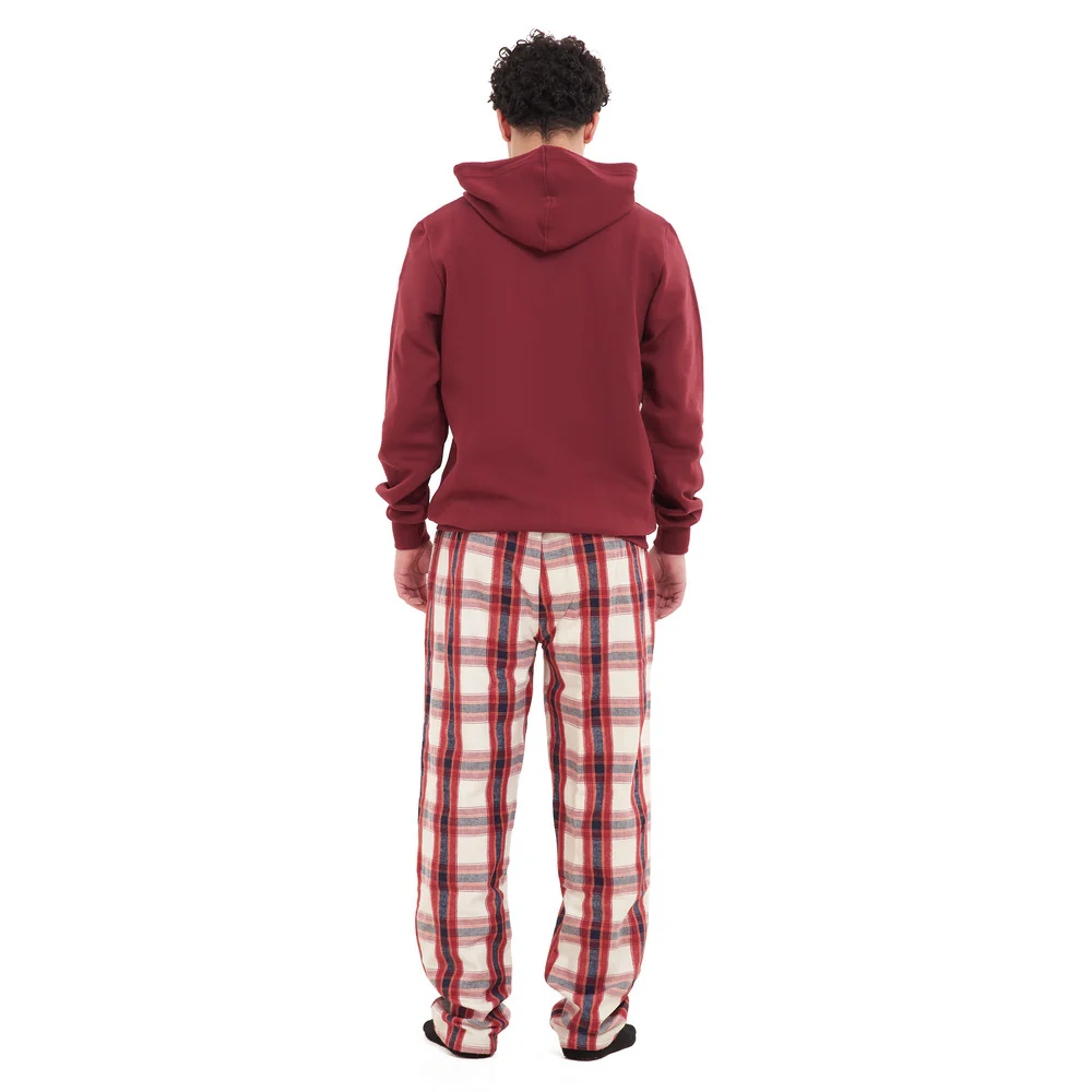 Men Winter Pajama Set Dark Red Hoodie + Dark Red x White Checkered Pants - Image 3