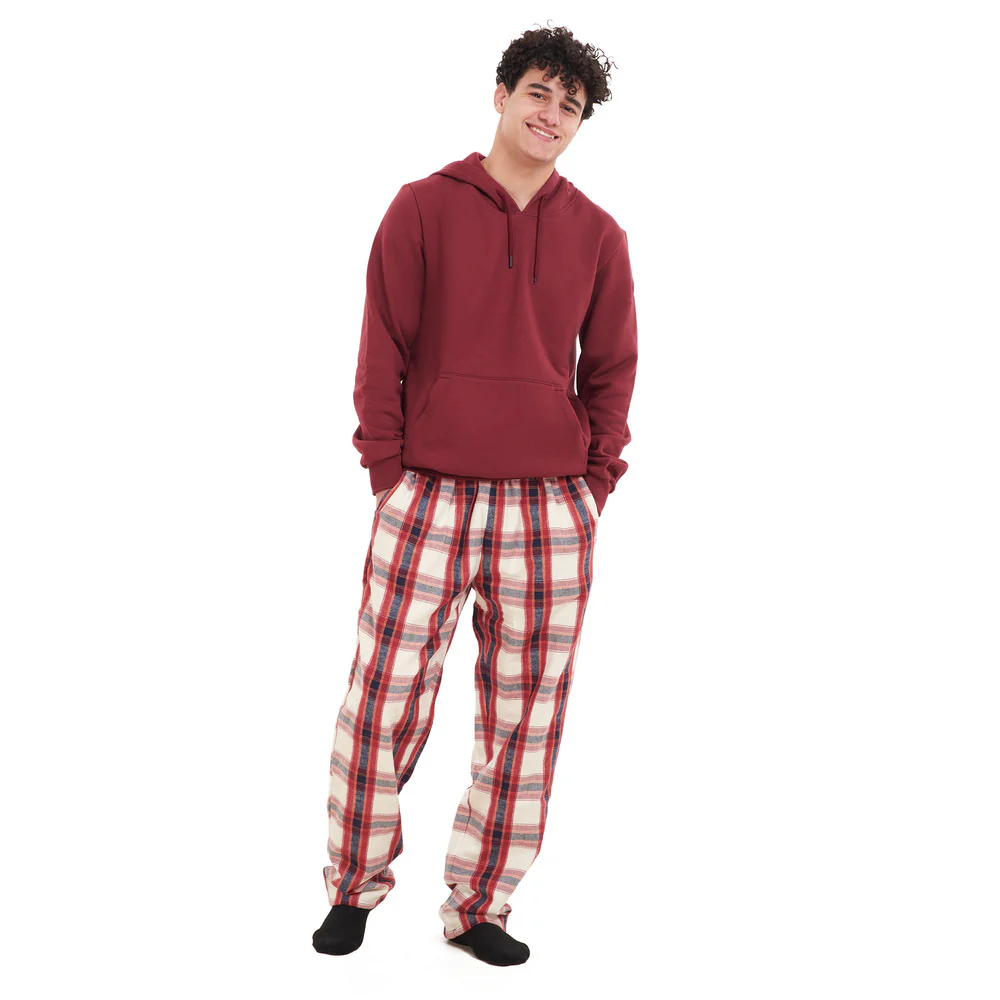 Men Winter Pajama Set Dark Red Hoodie + Dark Red x White Checkered Pants - Image 4