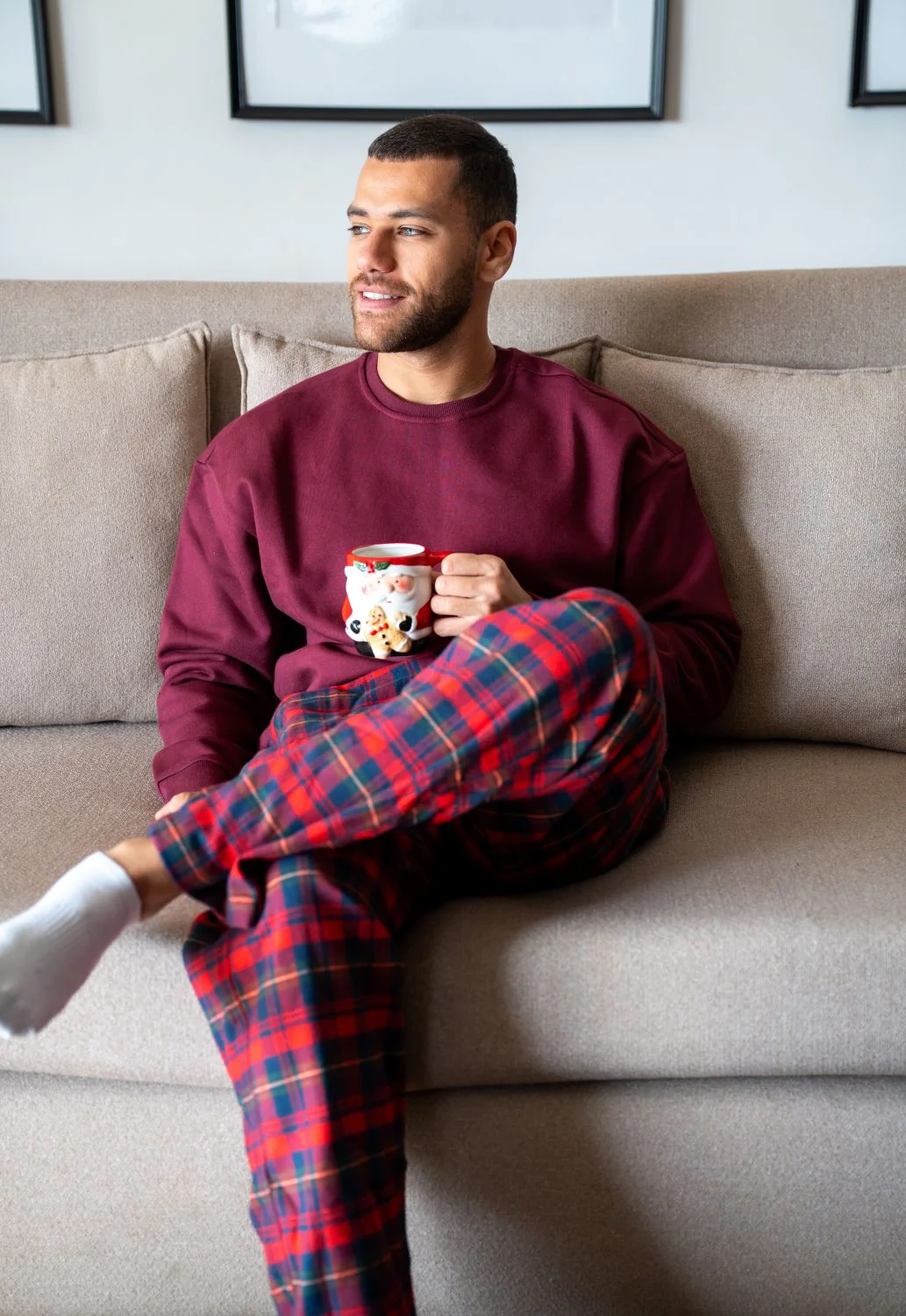 Men Winter Pajama Set Dark Red Top + Red X Green Checkered Pants - Image 2