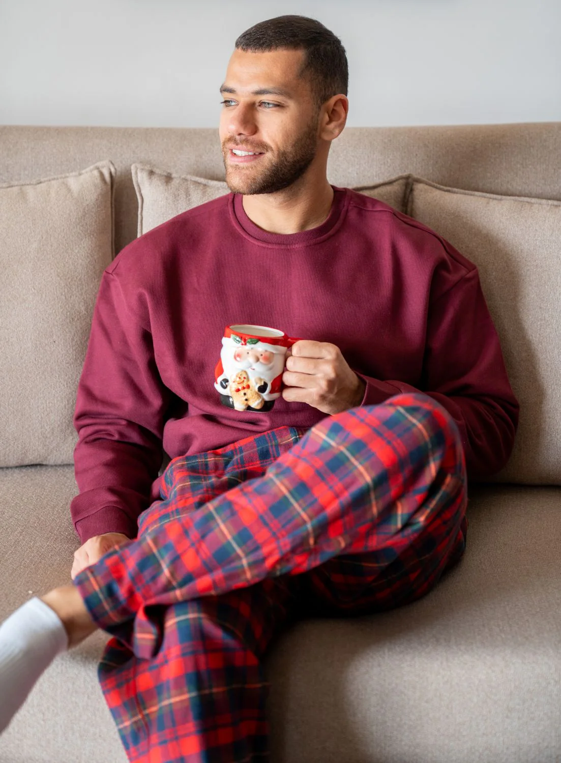 Men Winter Pajama Set Dark Red Top + Red X Green Checkered Pants - Image 3