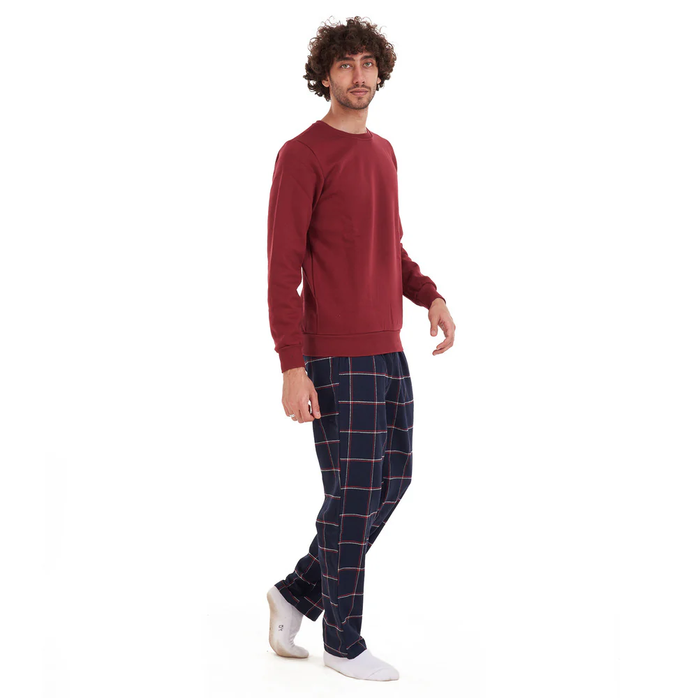 Men Winter Pajama Set Dark Red Shirt + Dark Red Checkered Pants - Image 2