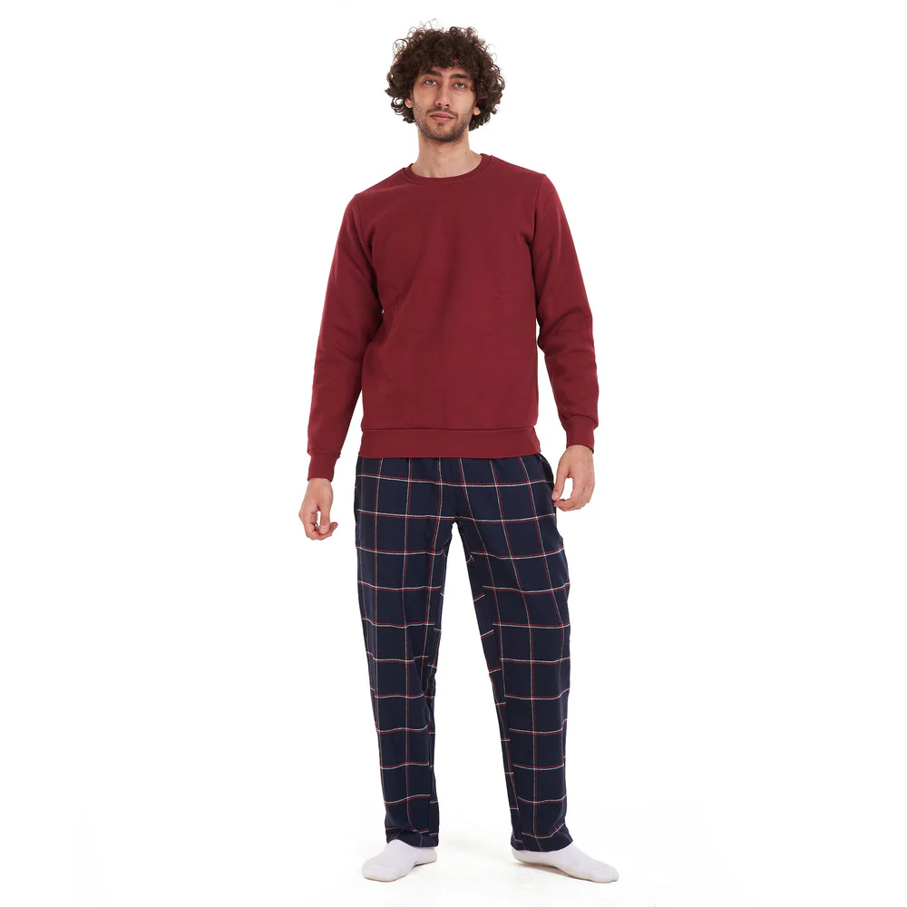 Men Winter Pajama Set Dark Red Shirt + Dark Red Checkered Pants - Image 3