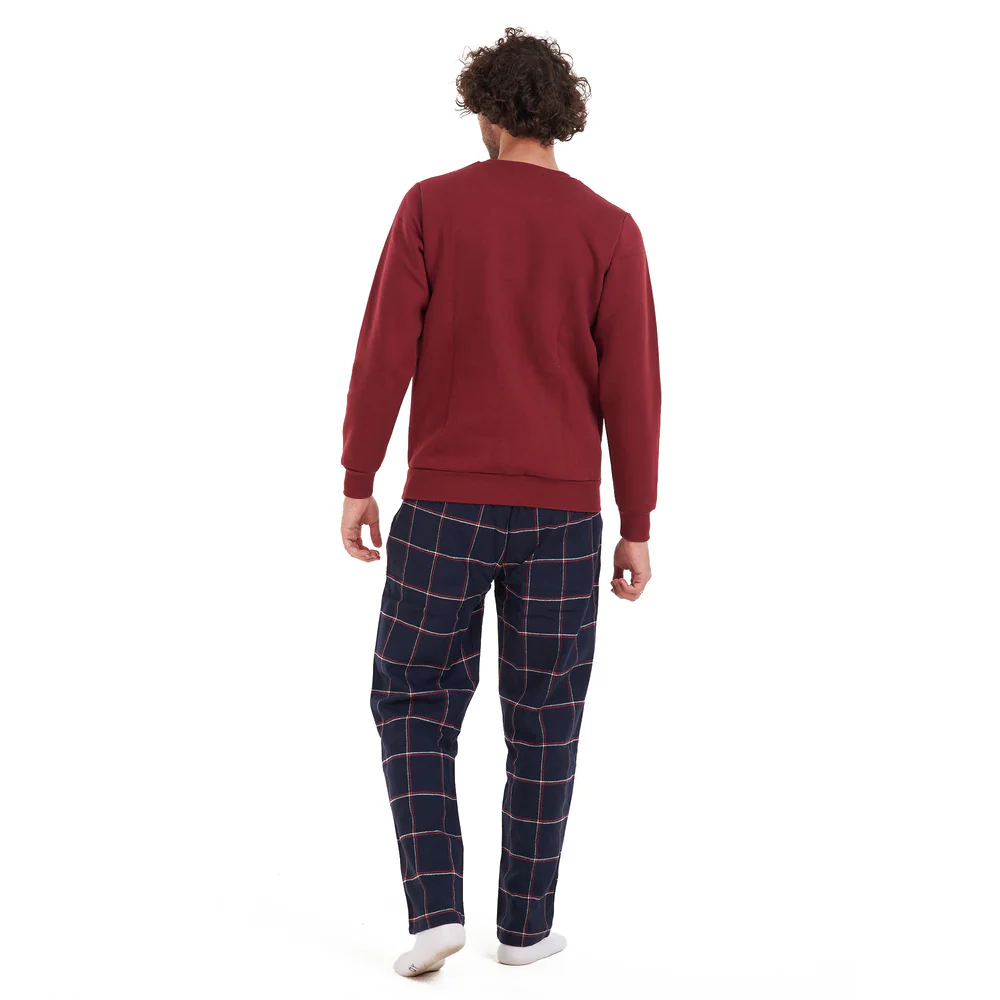 Men Winter Pajama Set Dark Red Shirt + Dark Red Checkered Pants - Image 4