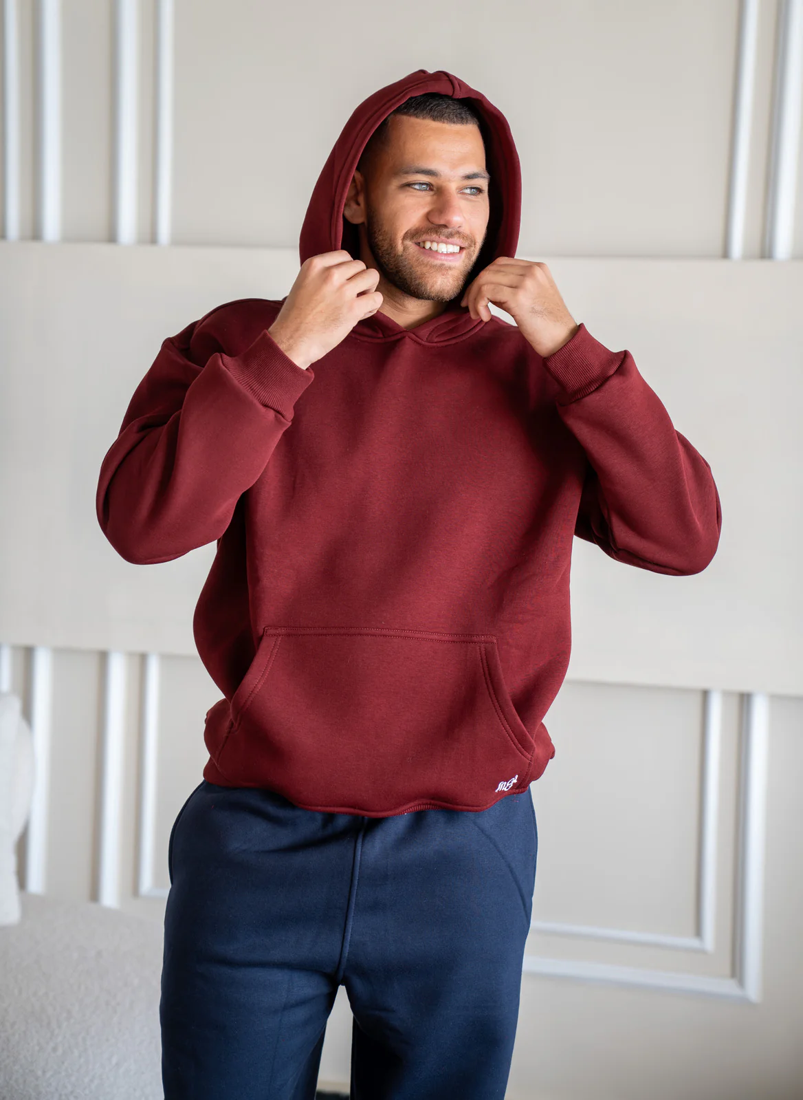 Men Winter Pajama Set Dark Red T-shirt + Dark Blue pants - Image 2