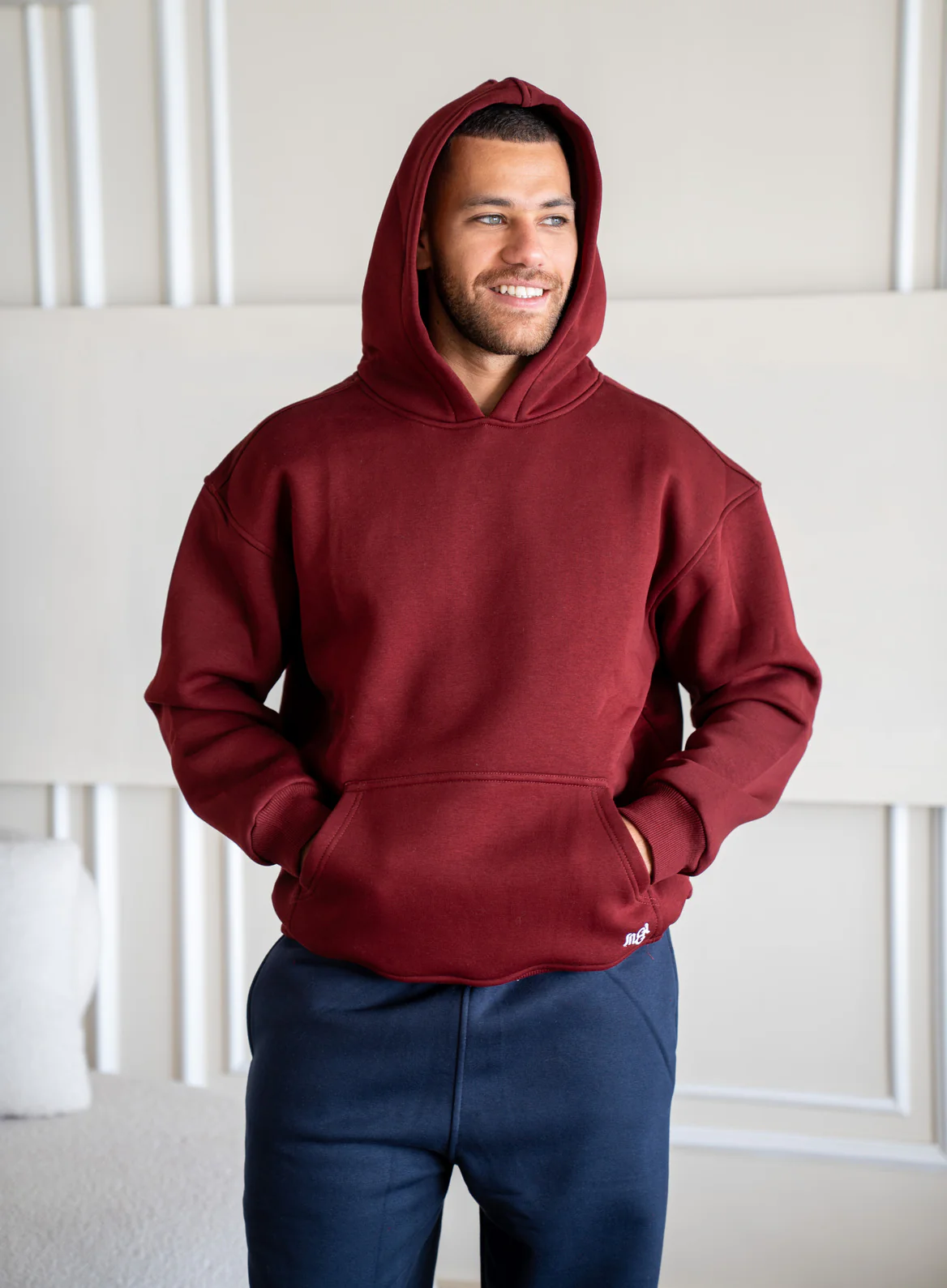 Men Winter Pajama Set Dark Red T-shirt + Dark Blue pants - Image 3