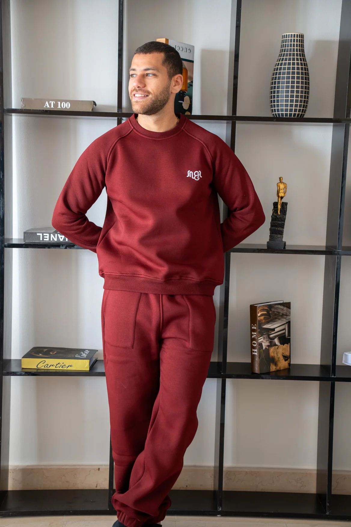 Men Winter Pajama Set Dark Red Top + Pants - Image 3