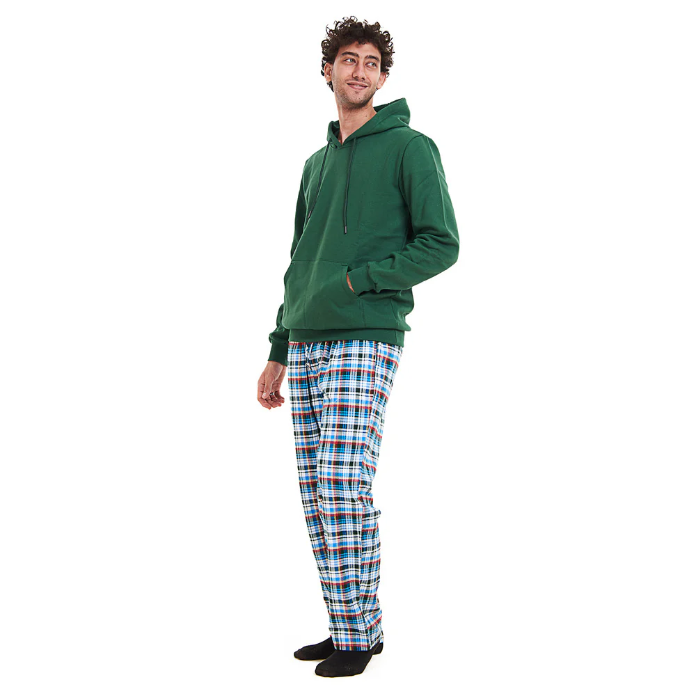 Men Winter Pajama Set Green Hoodie + Turquoise x Dark Green Checkered Pants - Image 2