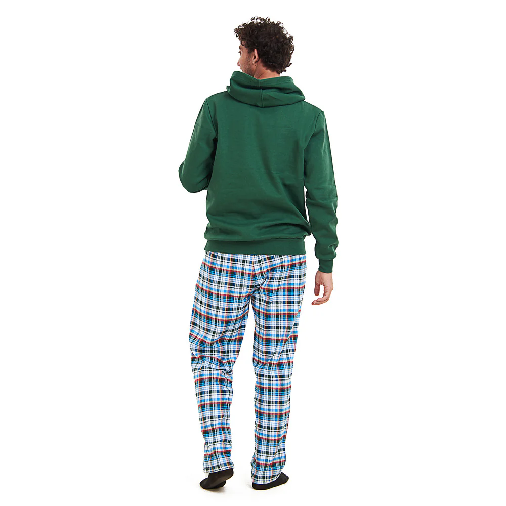 Men Winter Pajama Set Green Hoodie + Turquoise x Dark Green Checkered Pants - Image 3