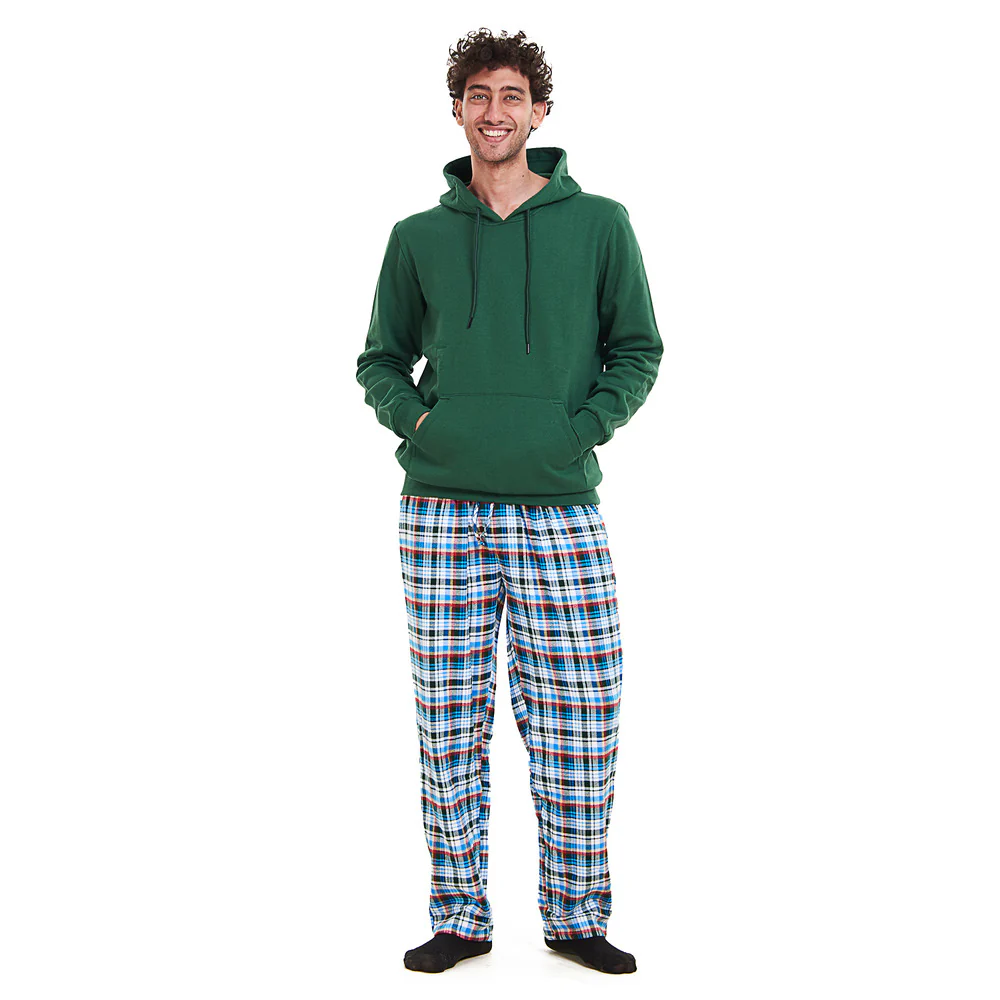 Men Winter Pajama Set Green Hoodie + Turquoise x Dark Green Checkered Pants - Image 4