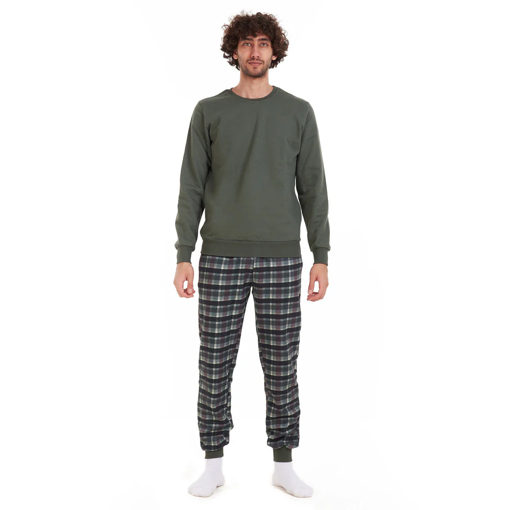 Men Winter Pajama Set Green Shirt + Black x Dark Green Checkered Pants