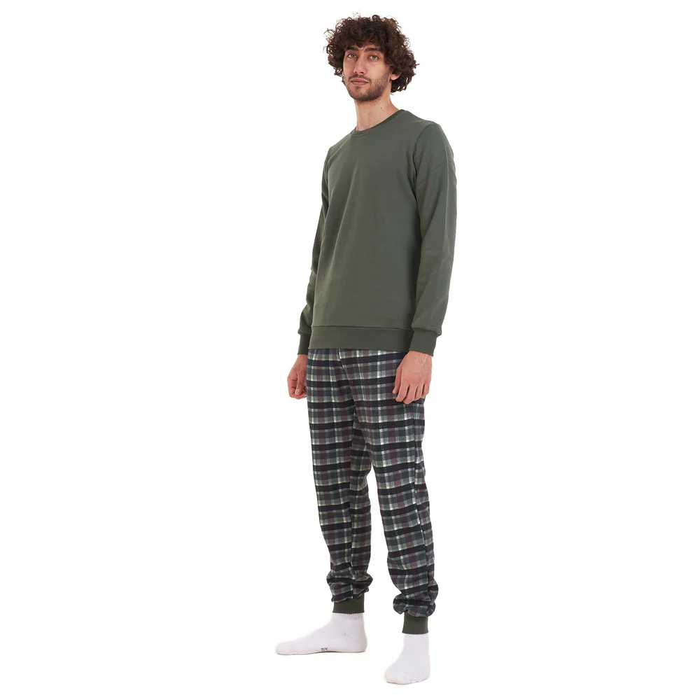Men Winter Pajama Set Green Shirt + Black x Dark Green Checkered Pants - Image 2