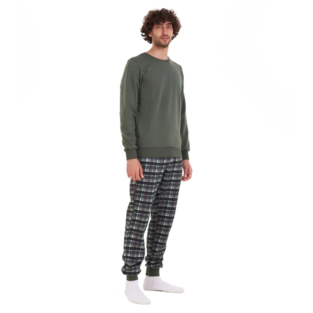 Men Winter Pajama Set Green Shirt + Black x Dark Green Checkered Pants - Image 3