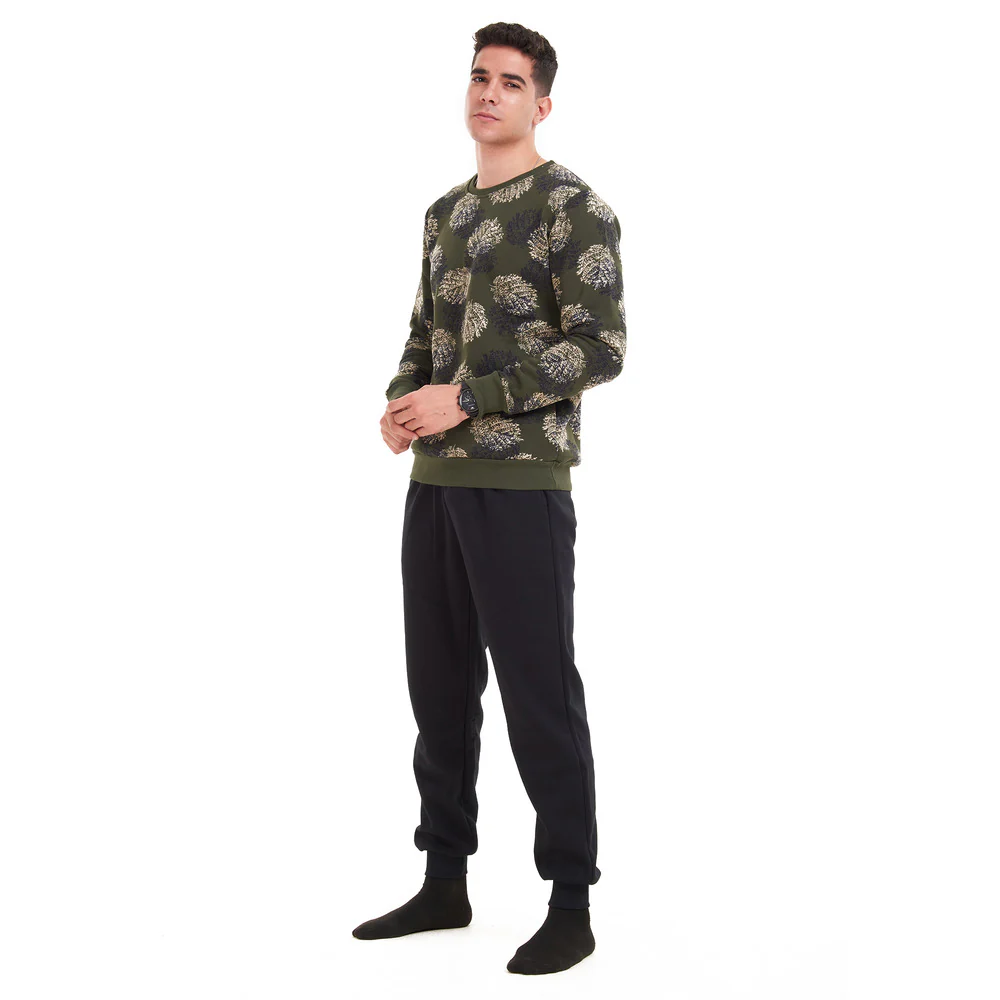 Men Winter Pajama Set Green with black leaves Shirt + Black Pants