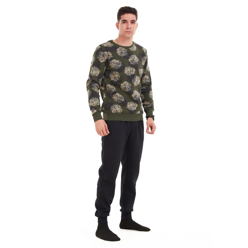 Men Winter Pajama Set Green with black leaves Shirt + Black Pants - Image 2