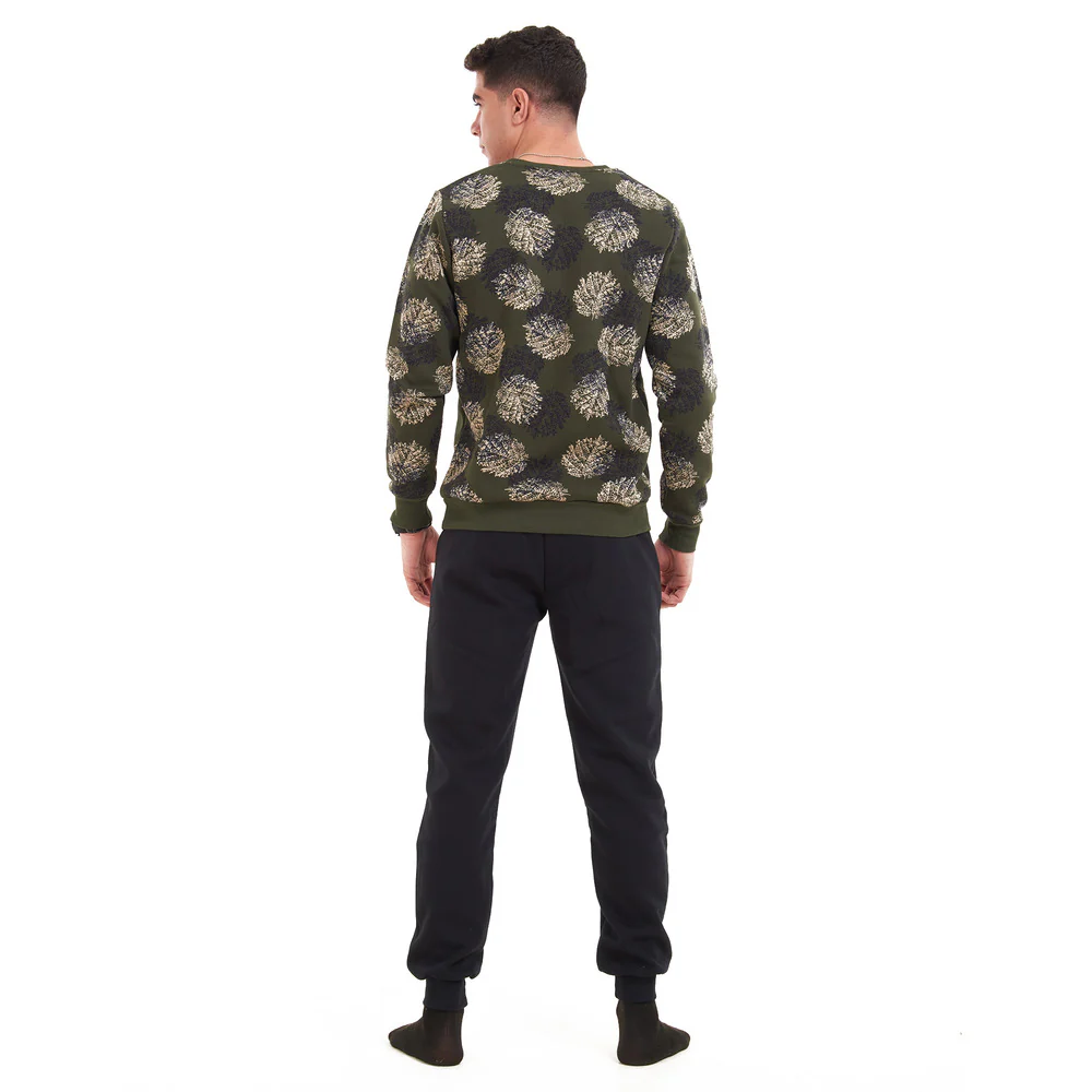 Men Winter Pajama Set Green with black leaves Shirt + Black Pants - Image 3