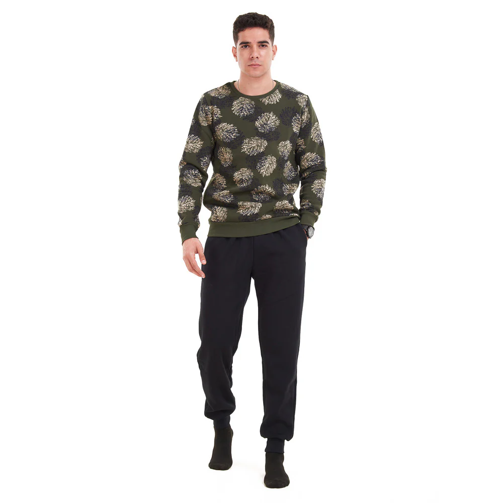 Men Winter Pajama Set Green with black leaves Shirt + Black Pants - Image 4