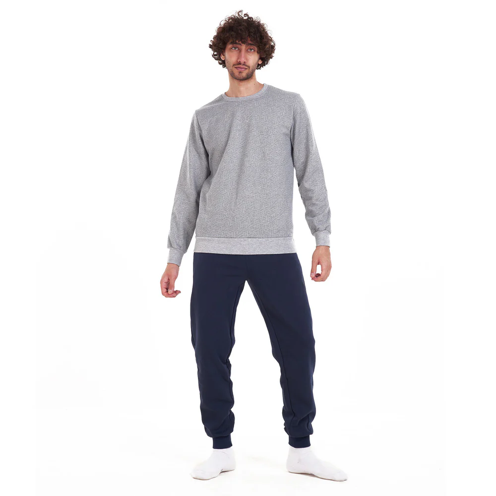 Men Winter Pajama Set Grey Geometric Shirt + Dark Blue Pants - Image 2