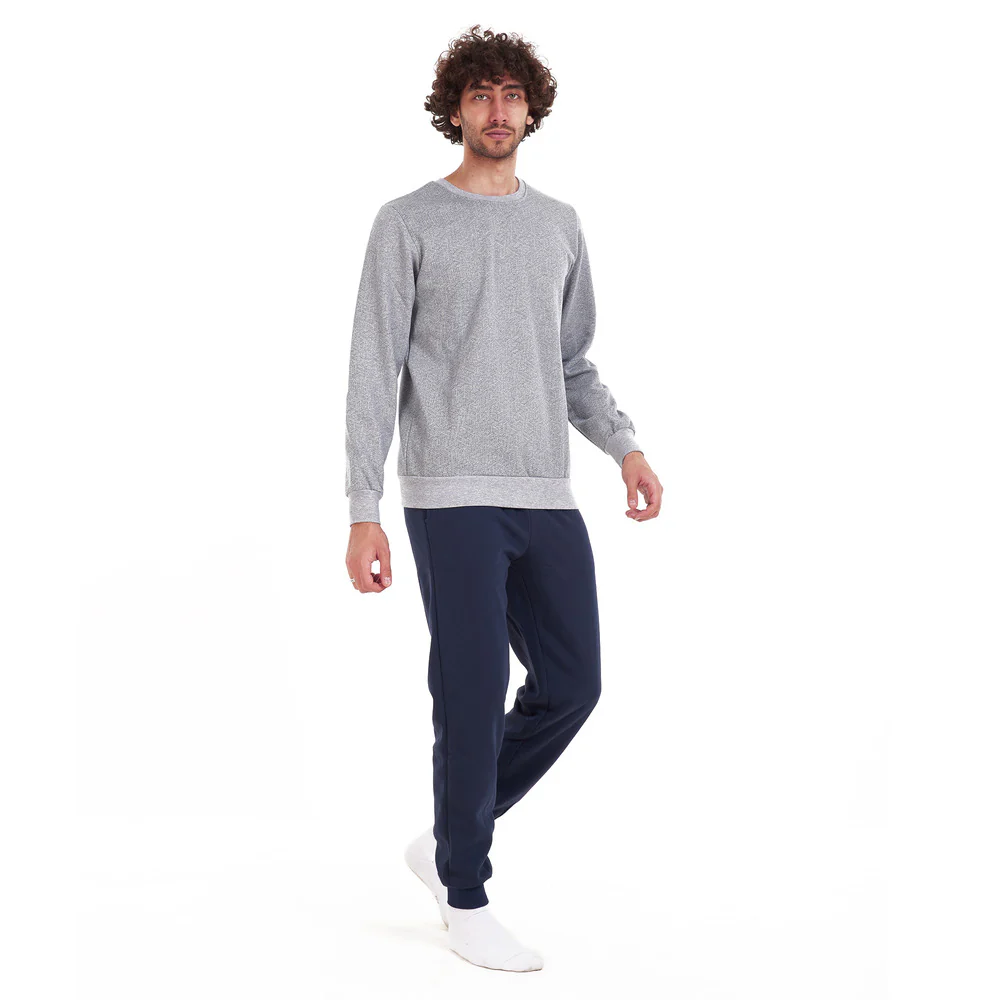 Men Winter Pajama Set Grey Geometric Shirt + Dark Blue Pants - Image 3