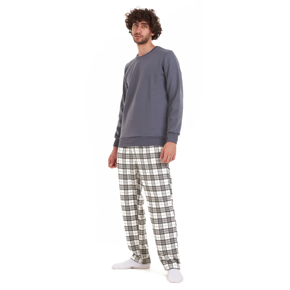 Men Winter Pajama Set Dark Grey Shirt + Grey Checkered Pants - Image 2