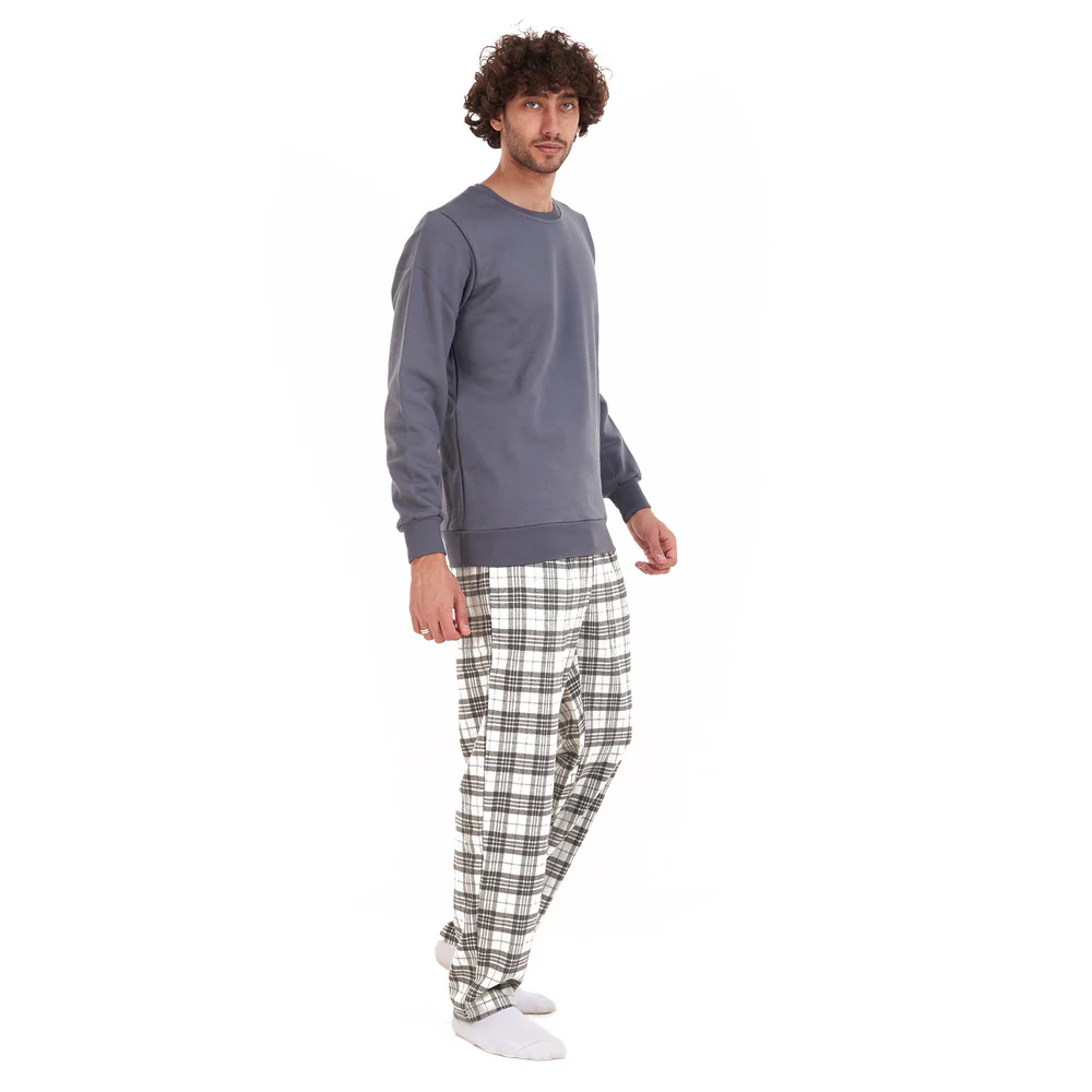 Men Winter Pajama Set Dark Grey Shirt + Grey Checkered Pants - Image 3