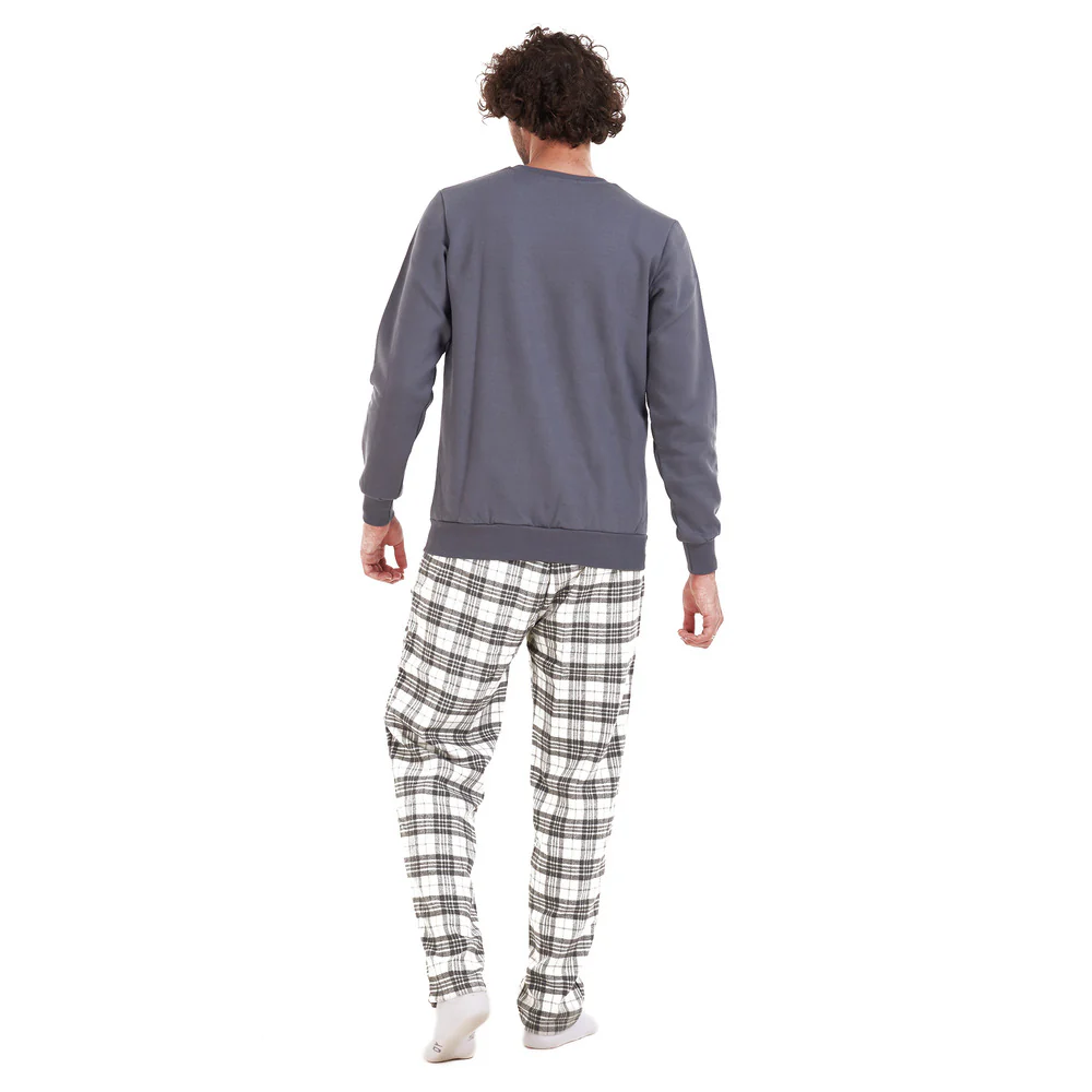 Men Winter Pajama Set Dark Grey Shirt + Grey Checkered Pants - Image 4