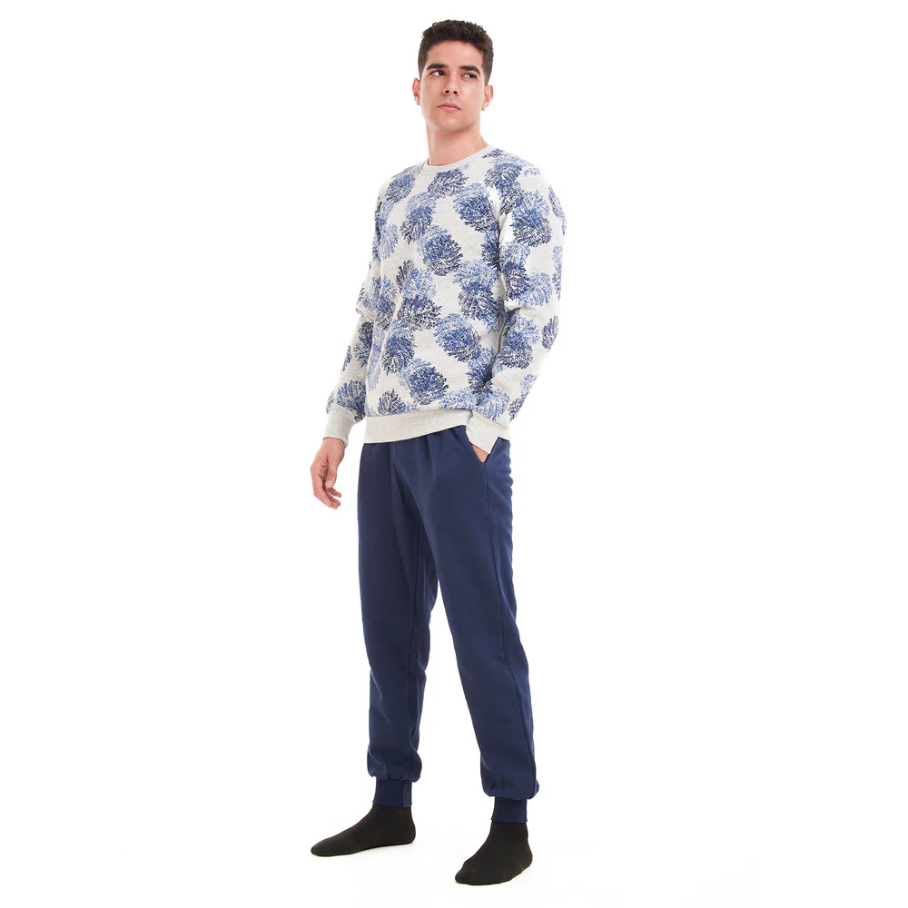 Men Winter Pajama Set Grey with Dark blue leaves sweatshirt + Dark blue Pants - Image 2