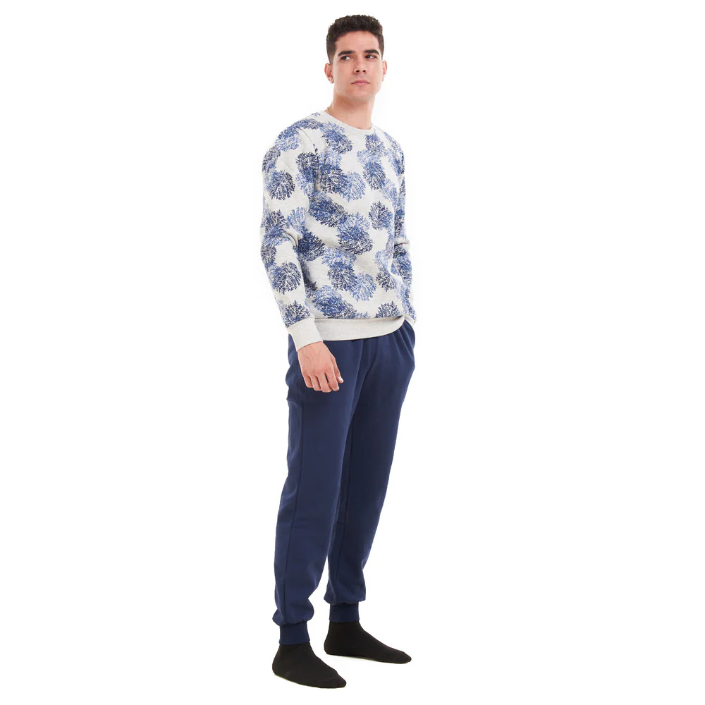 Men Winter Pajama Set Grey with Dark blue leaves sweatshirt + Dark blue Pants - Image 3