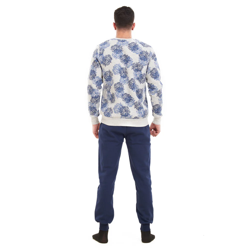 Men Winter Pajama Set Grey with Dark blue leaves sweatshirt + Dark blue Pants - Image 4