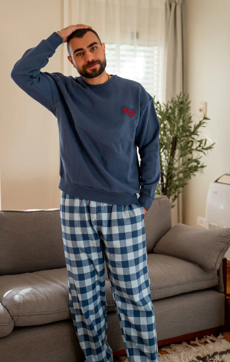 Men Winter Pajama Set Indigo Top  + Dark Blue X Light Blue Gingham Pants - Image 2
