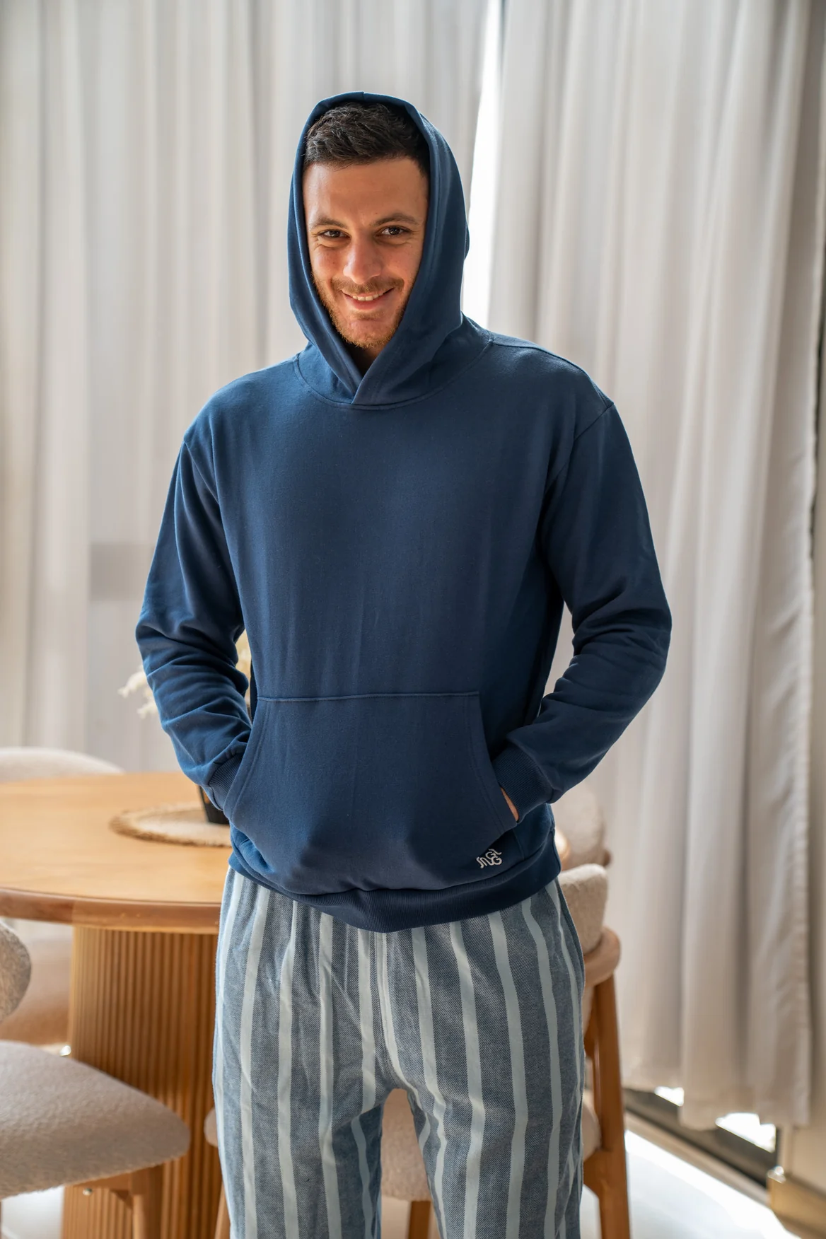 Men Winter Pajama Set Indigo Hoodie + Navy X Light Blue Striped  Pants - Image 3