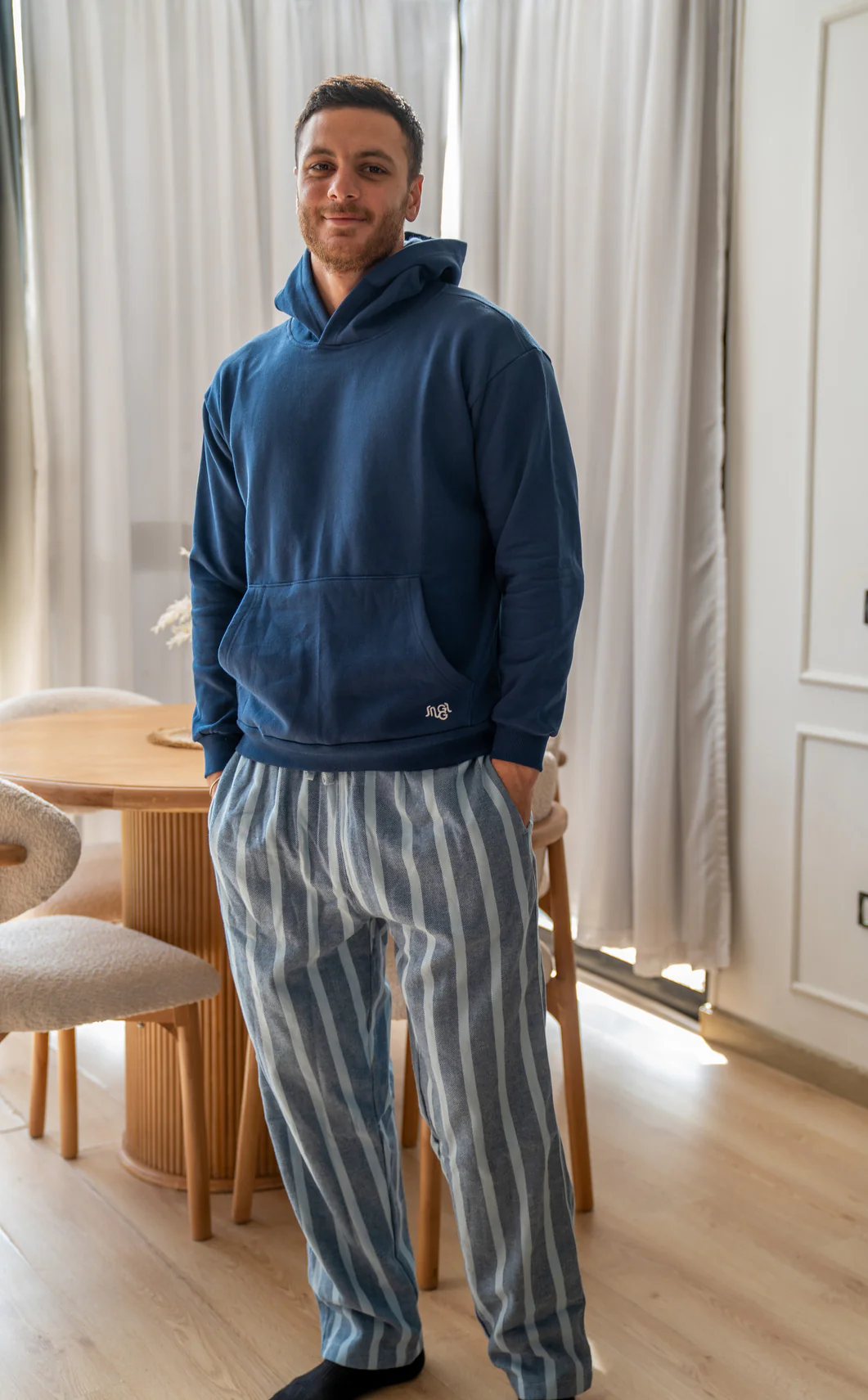 Men Winter Pajama Set Indigo Hoodie + Navy X Light Blue Striped  Pants - Image 4
