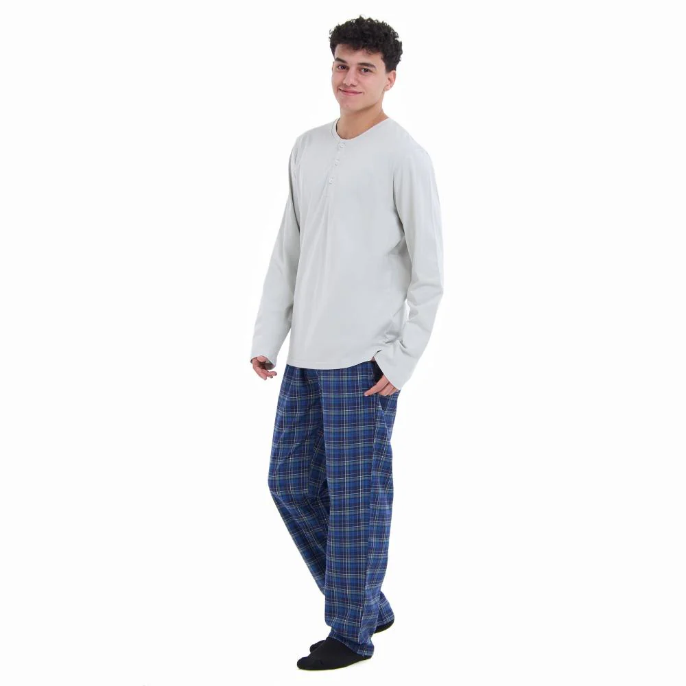Men Fall Pajama Set Light Grey Buttoned Sweatshirt + Dark blue x Light grey checkered Pants - Image 2
