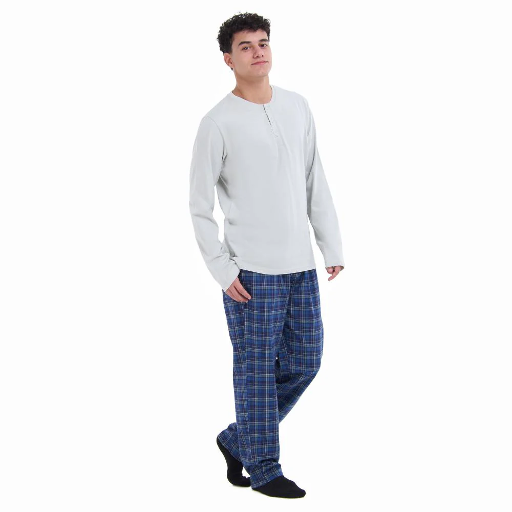 Men Fall Pajama Set Light Grey Buttoned Sweatshirt + Dark blue x Light grey checkered Pants - Image 3
