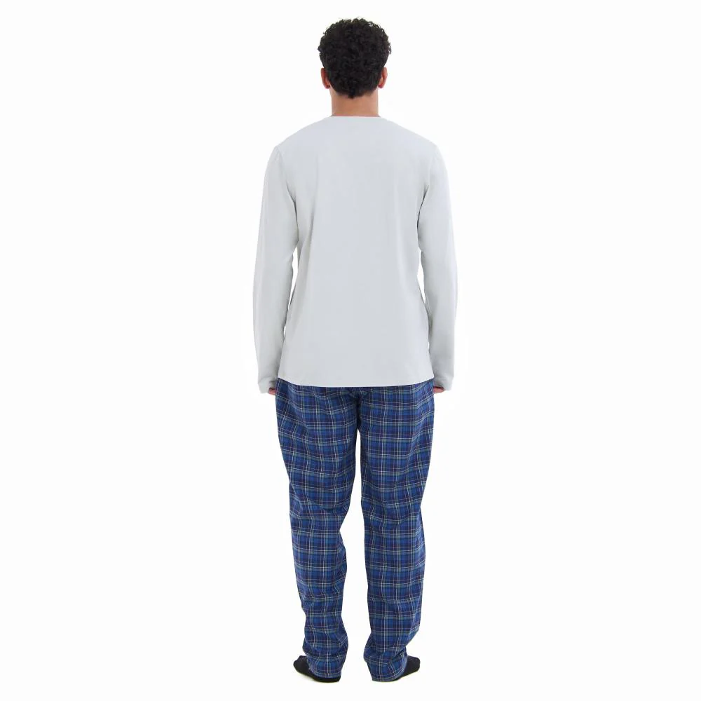 Men Fall Pajama Set Light Grey Buttoned Sweatshirt + Dark blue x Light grey checkered Pants - Image 4