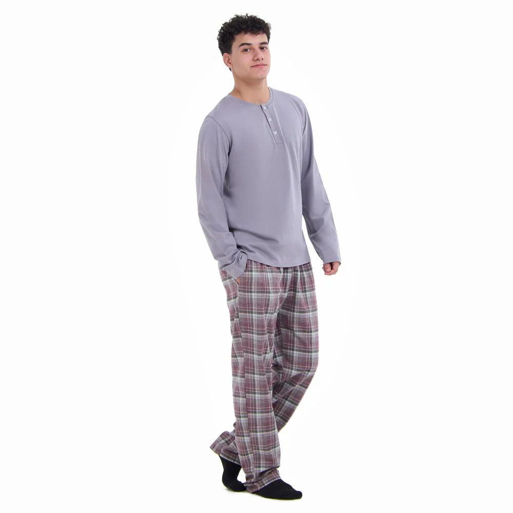 Men Fall Pajama Set Light Grey Buttoned Sweatshirt + Maroon x Light grey checkered Pants - Image 2