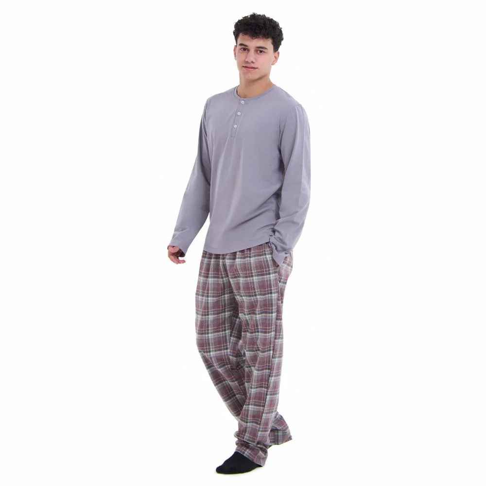 Men Fall Pajama Set Light Grey Buttoned Sweatshirt + Maroon x Light grey checkered Pants - Image 3