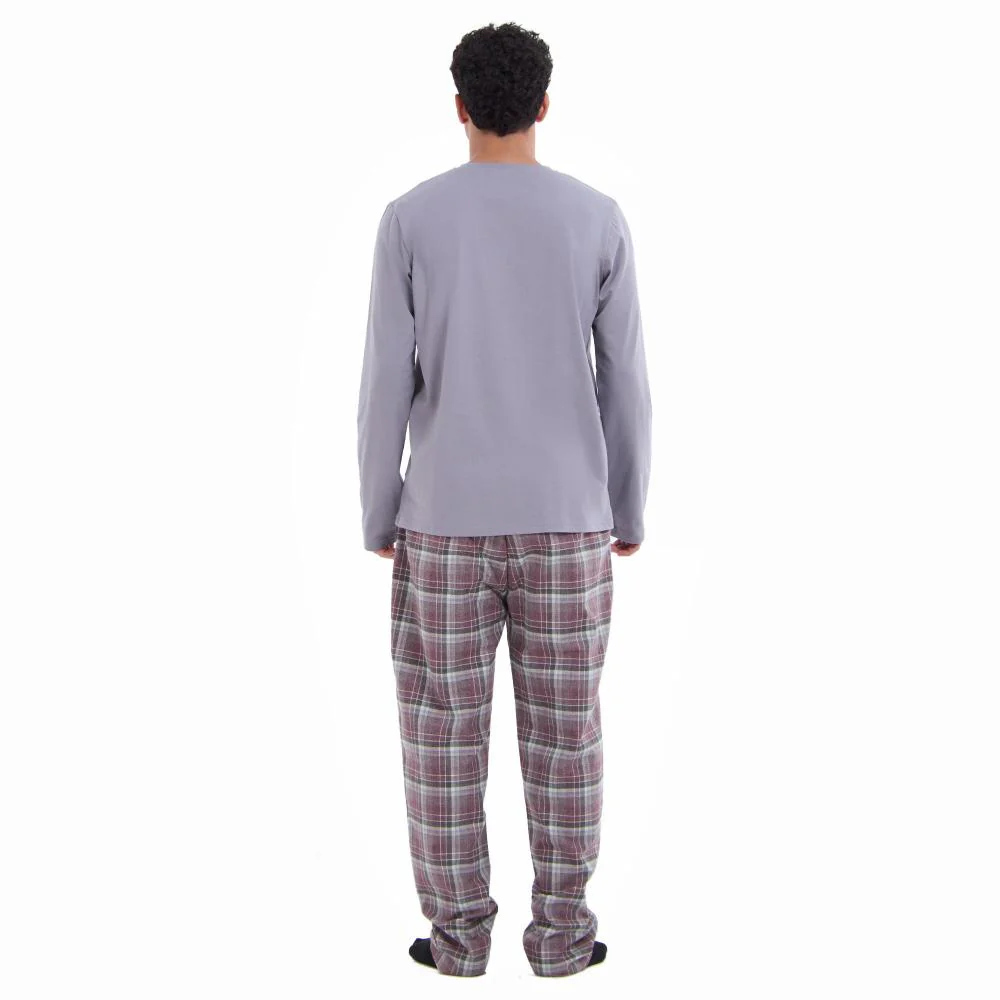 Men Fall Pajama Set Light Grey Buttoned Sweatshirt + Maroon x Light grey checkered Pants - Image 4