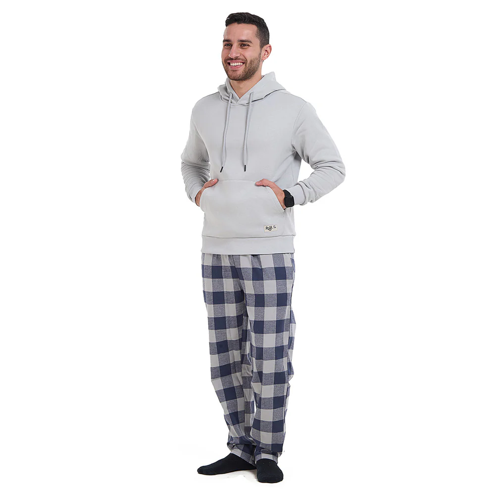 Men Winter Pajama Set Light Grey Hoodie + Blue x Light Grey Checkered Pants - Image 2