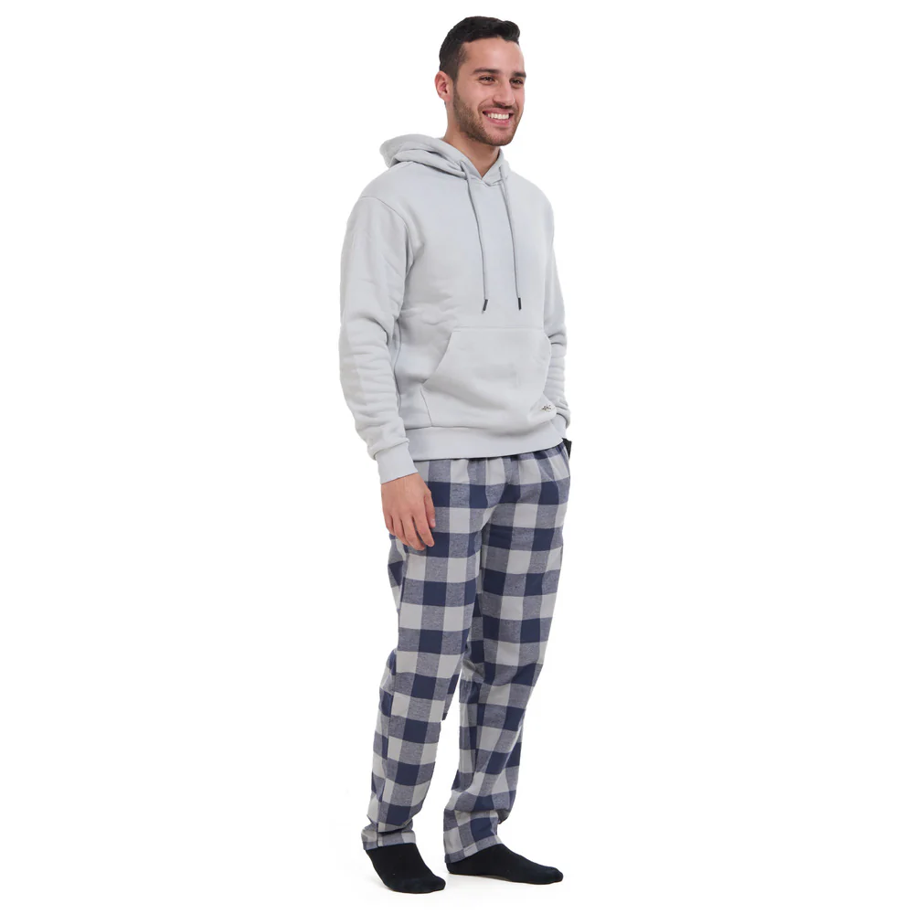 Men Winter Pajama Set Light Grey Hoodie + Blue x Light Grey Checkered Pants - Image 3