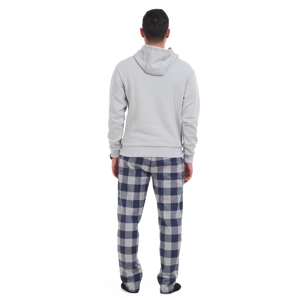 Men Winter Pajama Set Light Grey Hoodie + Blue x Light Grey Checkered Pants - Image 4